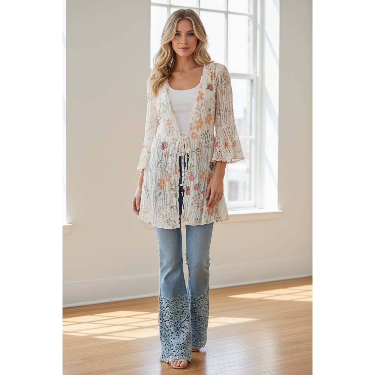 Origami White Lady Bug Tie Front Lace Cardigan Small
